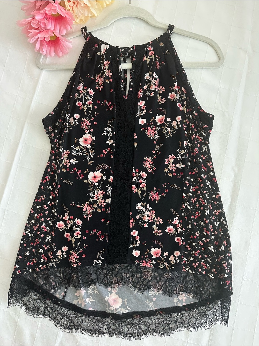 White House Black Market NWOT Black Halter Top with Pink Floral Print & Lace